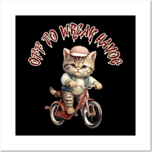 Off to Wreak Havoc Vintage Cat on Bicycle Funny Sarcasm Posters and Art